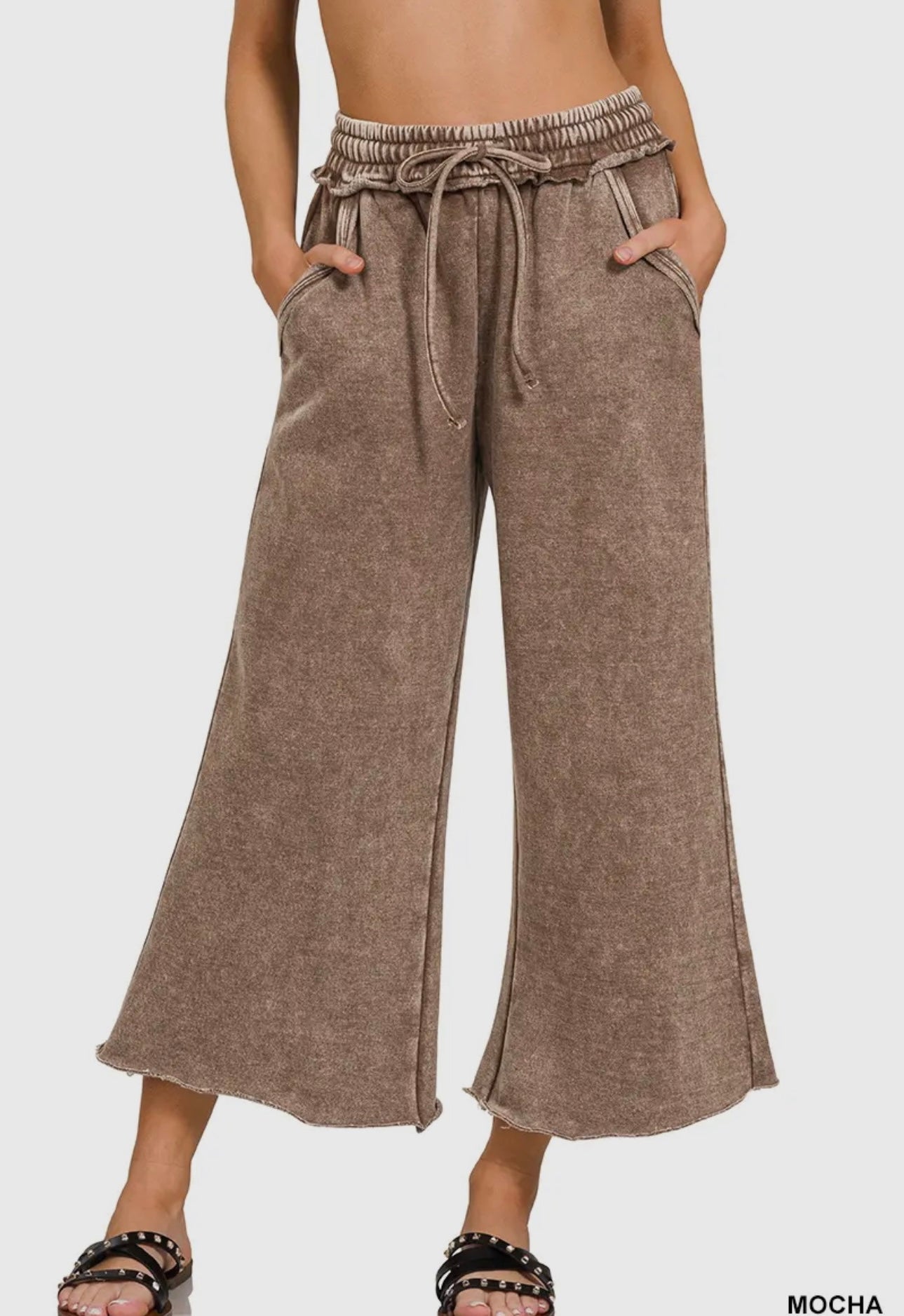 Acid Wash Fleece Palazzo Sweatpants With Pockets