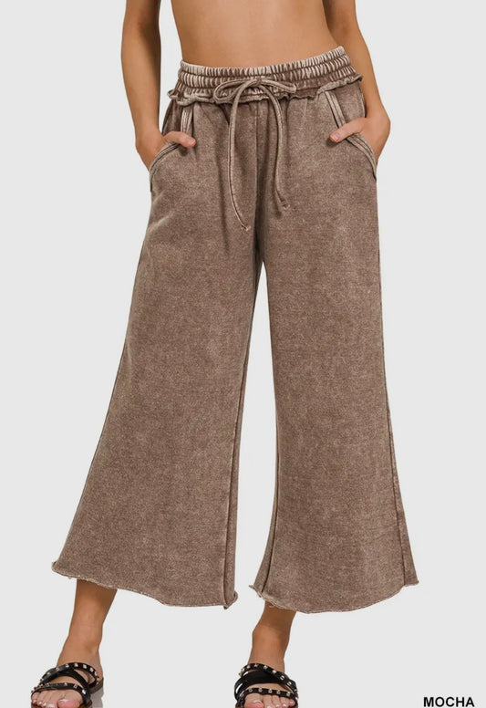 Acid Wash Fleece Palazzo Sweatpants With Pockets