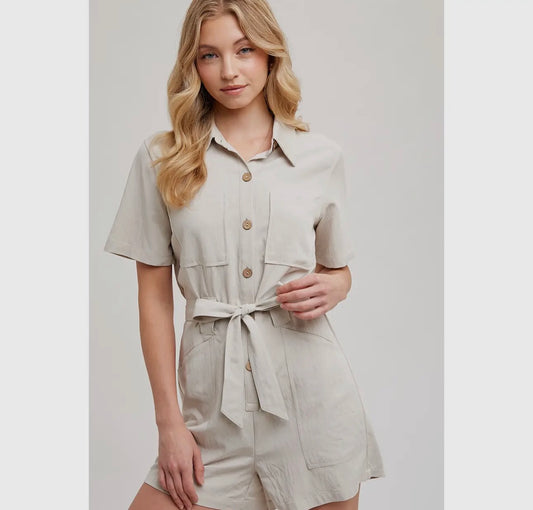 Button Down Belted Utility Romper