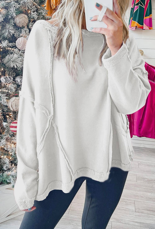 Exposed Seam Drop Shoulder Raw Hem Oversized Sweatshirt