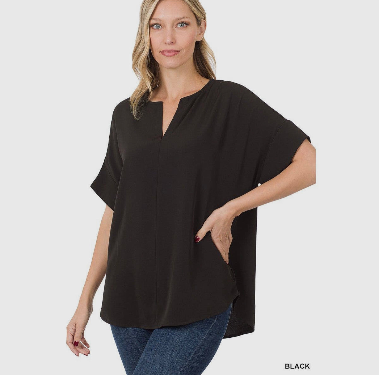 Woven Span Split Neck Short Sleeve Top