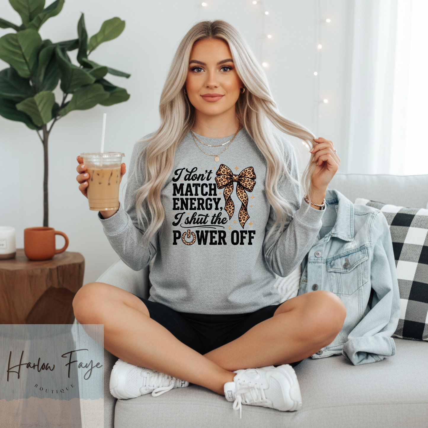 I Don't Match Energy Graphic Long Sleeve | Leopard Bow Crewneck