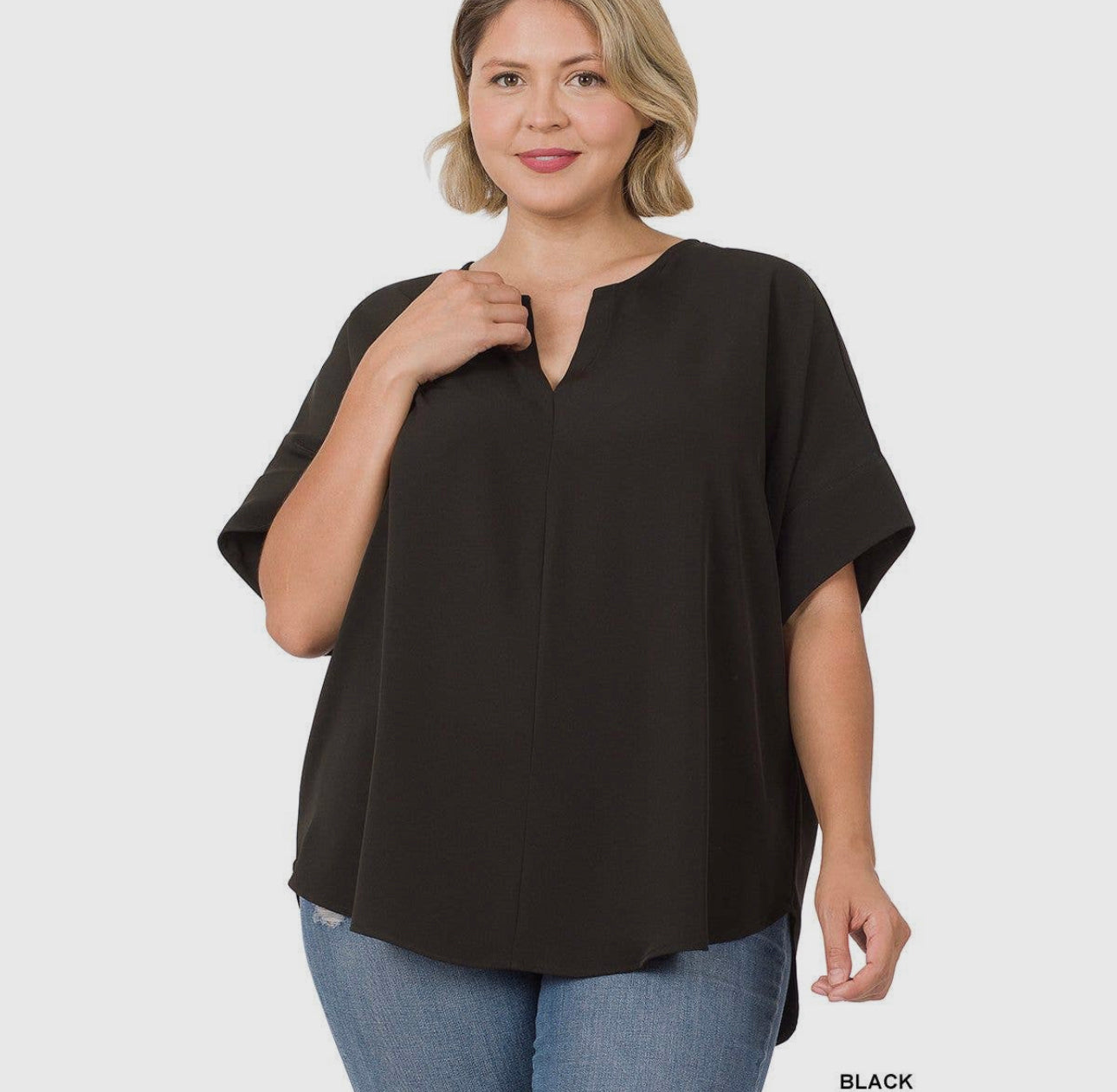 Woven Span Split Neck Short Sleeve Top