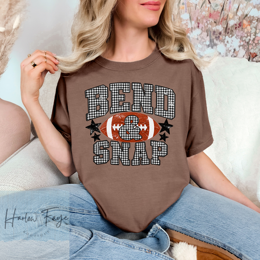 Bend & Snap football graphic tee on an Espresso Comfort Colors shirt