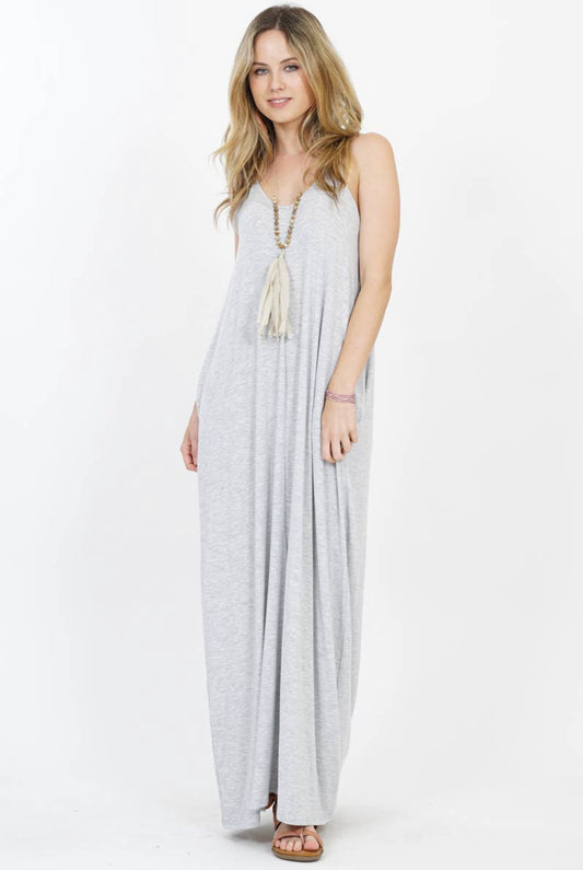 Maxi Dress W/ Adjustable Straps & Pockets-HGREY